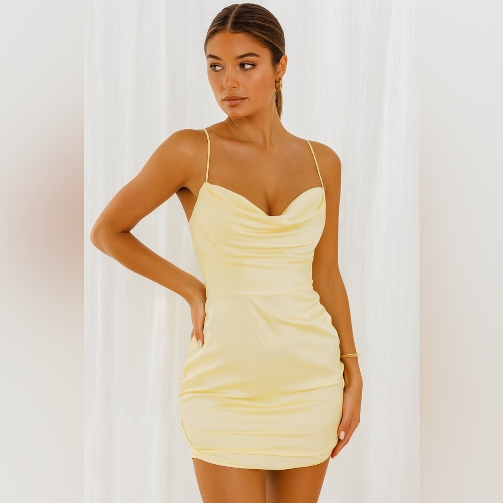 Oh Polly Satin Cowl Ruched Mini Dress – Oyster White (Size 10)